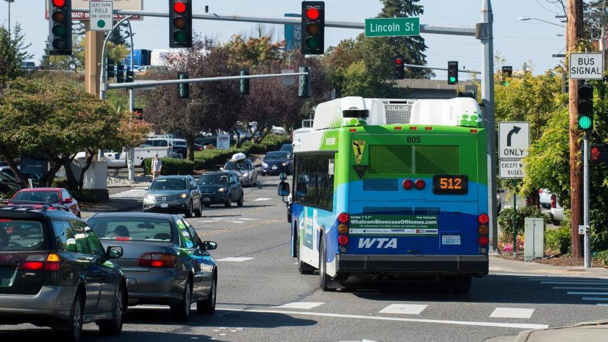 A WTA bus uses a queue jump lane to bypass traffic on Lakeway Drive on Friday, Sept. 30, in Bellingham.