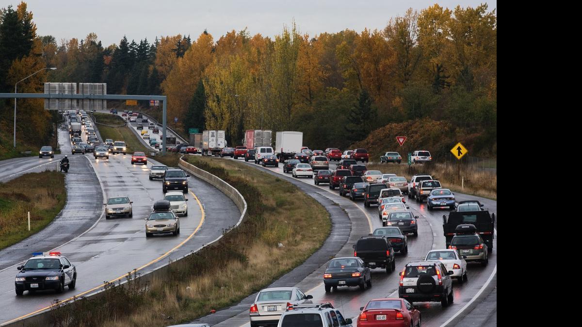 
Drivers wait in a backup on Interstate 5 through Bellingham on Oct. 31, 2008.
