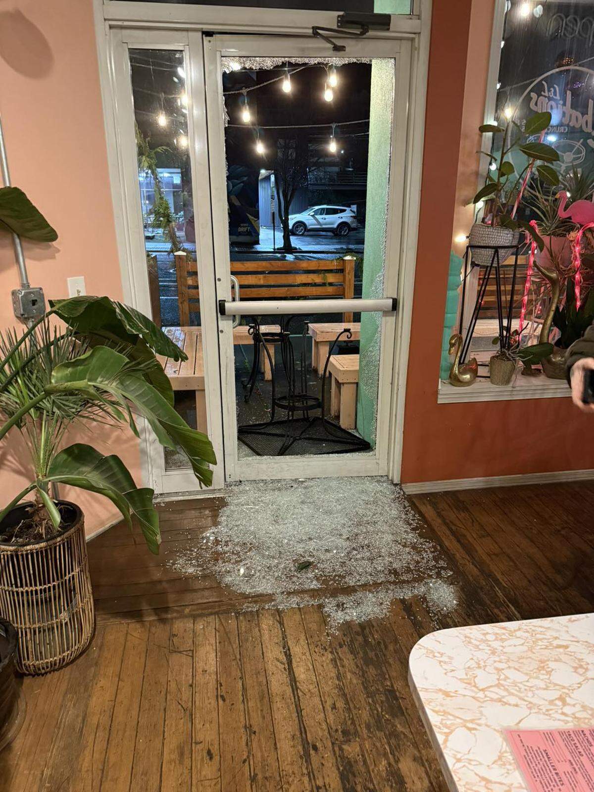 The door of L&L Libations was shattered during a break-in on Tuesday, Dec. 2, 2025.