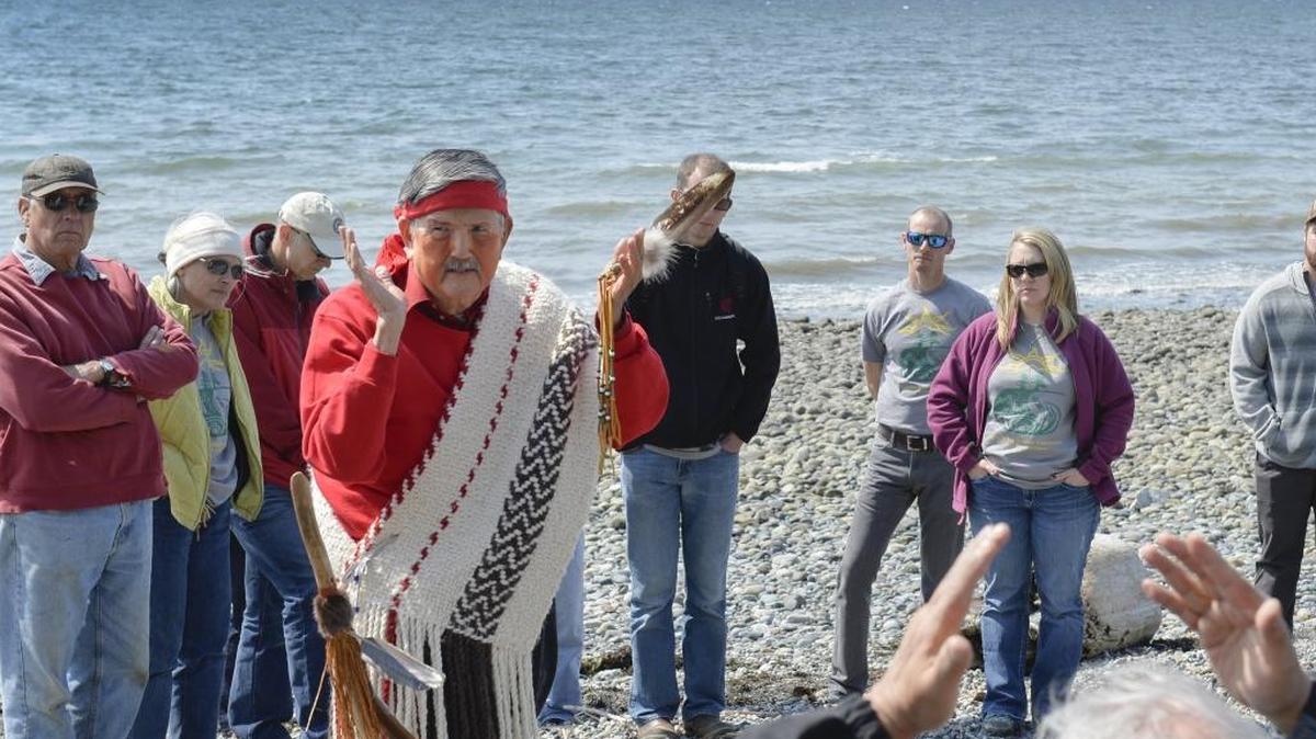 Bill James, traditional hereditary chief of the Lummi people, talks about the significance and heritage of the proposed Gateway Pacific Terminal coal shipping site off Gulf Road, west of Ferndale, Thursday, April 30, 2015. Lummi nation members hosted the talk and lunch for other Northwest tribes and others.