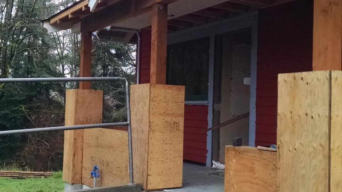 Handicapped ramp railing and framing underway during renovations at the Chuckanut Center.