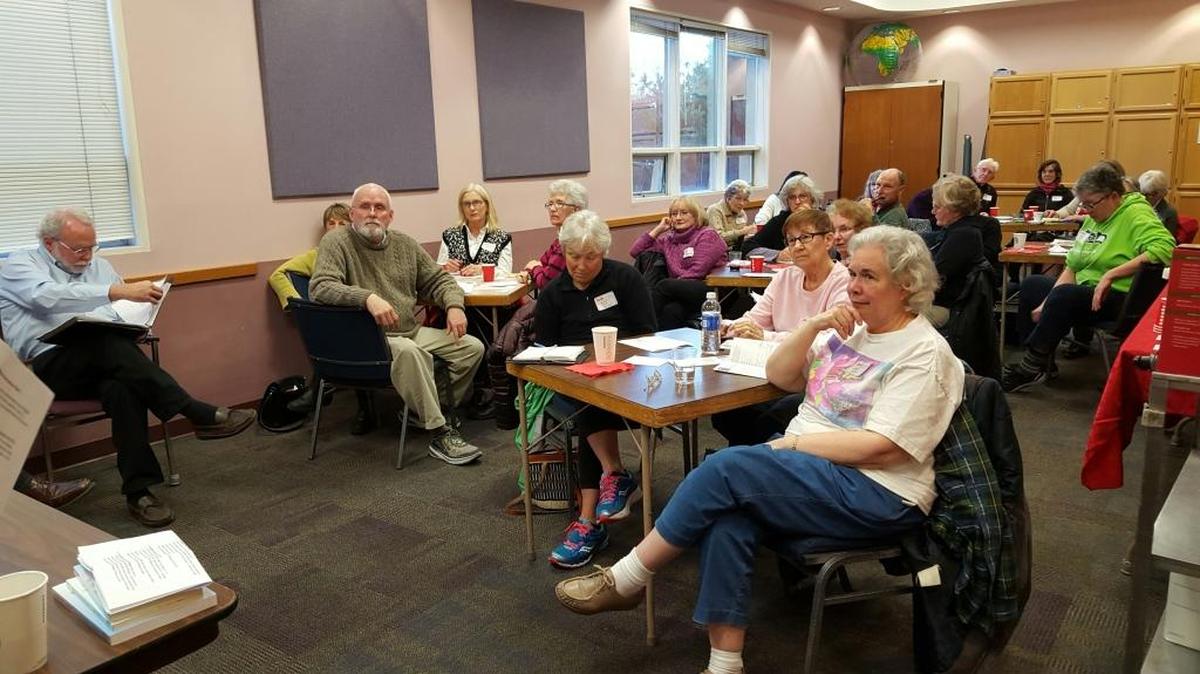 Prospective Bellingham at Home volunteers find out about the 10 task forces they can sign up for to help launch the virtual village in Bellingham at a Dec. 9, 2015, meeting at the Bellingham Senior Center.