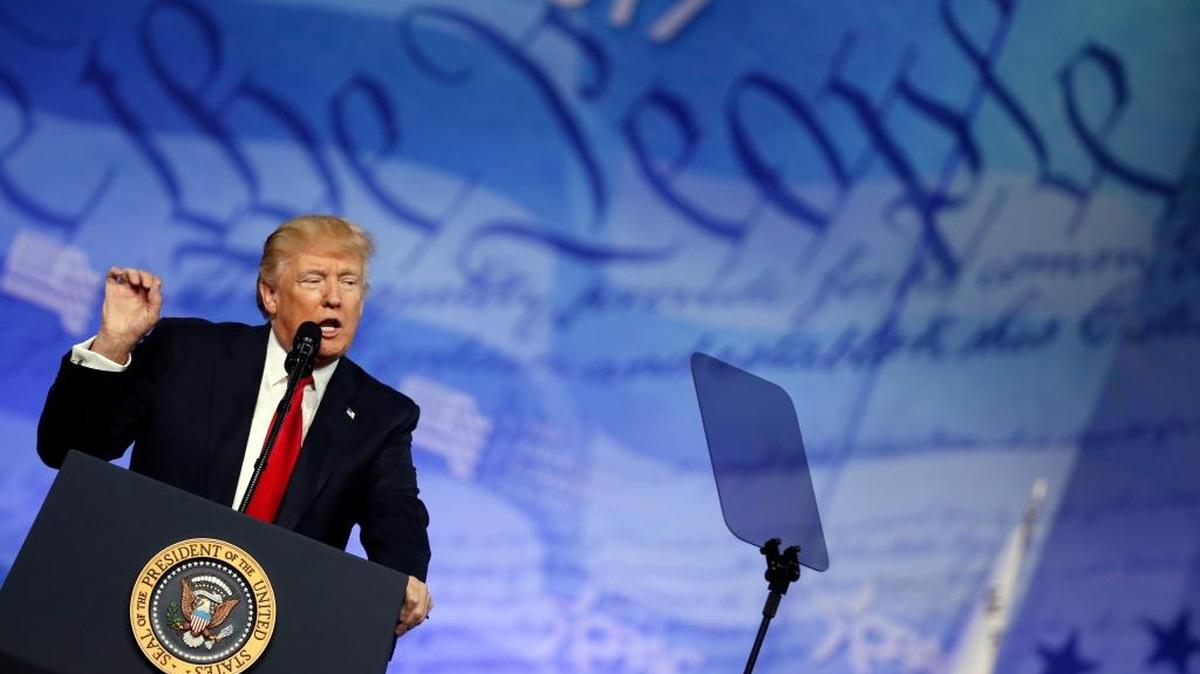 President Donald Trump speaks at the Conservative Political Action Conference on Friday in Oxon Hill, Md.