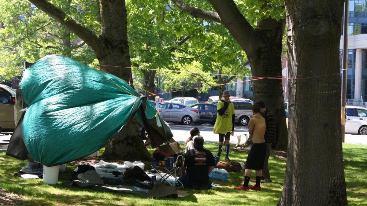 A group of people who have experienced or were currently experiencing homelessness camp in front of Bellingham City Hall to call for housing for all May 2, 2016.