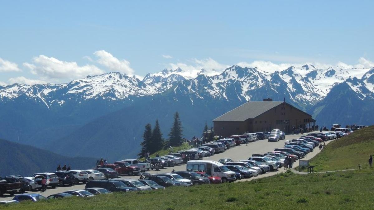 Hurricane Ridge Visitor Center in Olympic National Park often sees big crowds and full parking lots.