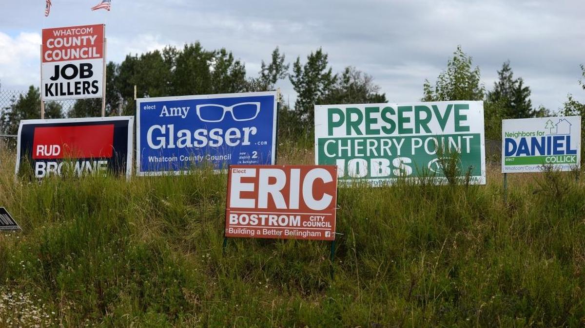Election signs overlook the freeway on James Street in Bellingham, July 10, 2017.