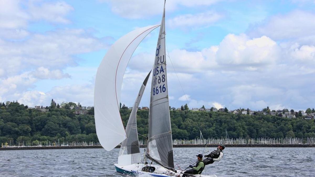 Bellingham Yacht Club 505 class fleet captain Lee Laney (left) and his crew Mike Powell navigate the waters during the Pacific One Design Regatta on May 22, in Seattle. Laney has been racing 505 boats seriously for about five years.