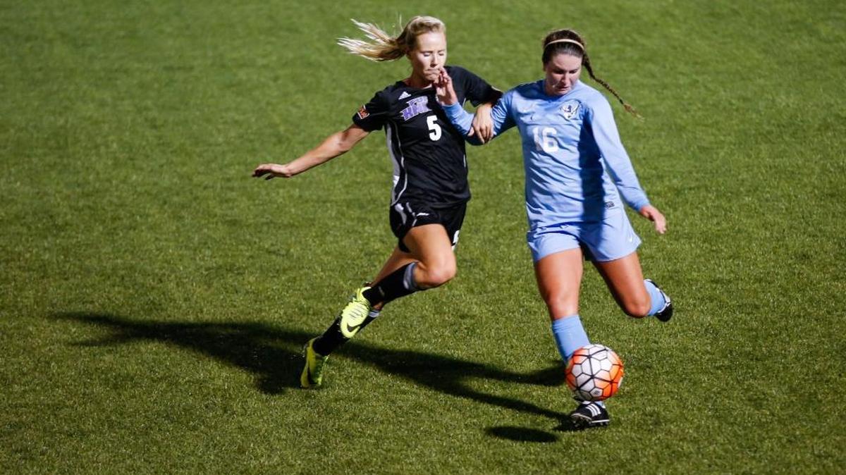Former Sehome and standout Emily Webster, right, has been selected the GNAC Defensive Player of the Week in women’s soccer. Webster is a junior at WWU.