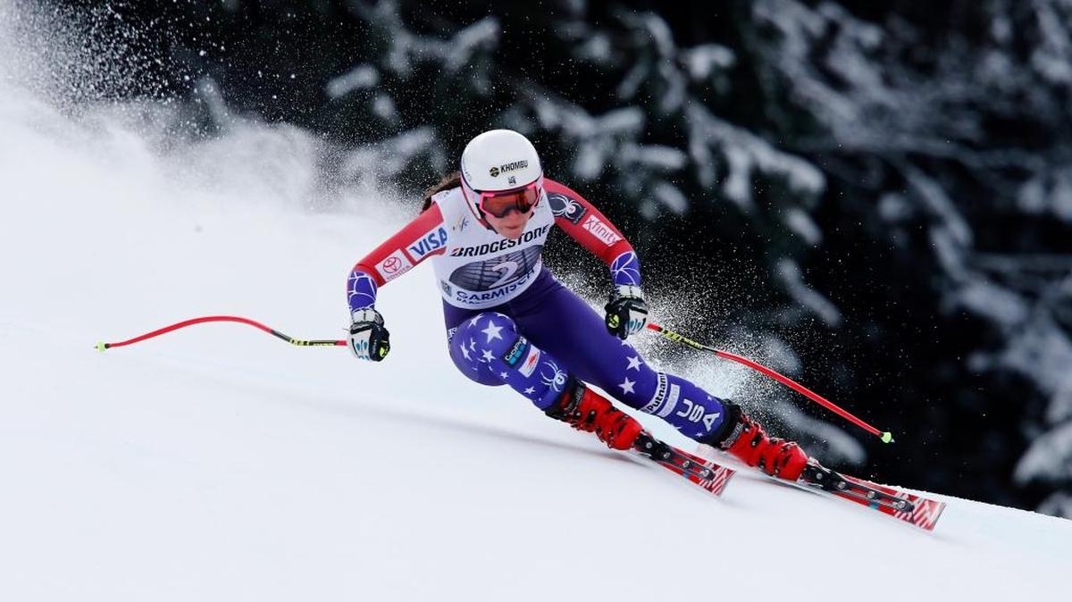 United States' Breezy Johnson competes during an alpine ski, women's world Cup downhill race, in Garmisch Partenkirchen, Germany, Sunday, Feb. 4, 2018.