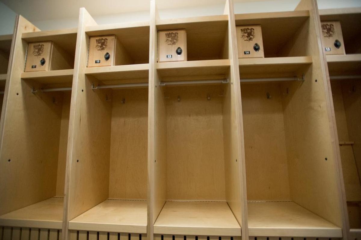 New custom wood lockers for use by varsity WCC athletes are part of the improved varsity area in the Pavilion and Student Recreation Center.