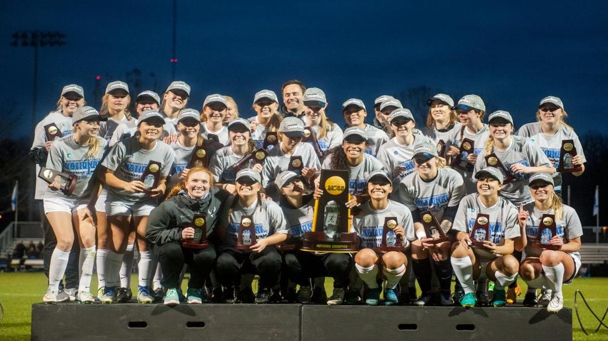 The Western Washington University women’s soccer team celebrates winning the NCAA Division II national title on Dec. 3 in Kansas City, Missouri.