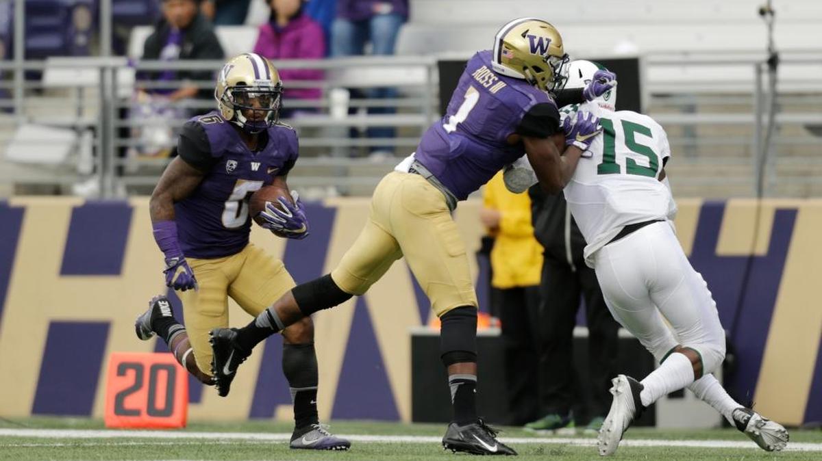 Washington wide receiver Chico McClatcher, left, runs with the ball for a touchdown as wide receiver John Ross (1) blocks Portland State safety Tyler Foreman in an NCAA college football game, Saturday, Sept. 17, 2016, in Seattle.