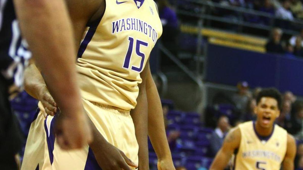 Washington's Noah Dickerson reacts after scoring while being fouled against the University of Pennsylvania on Saturday, Nov. 21, 2015, at Hec Edmundson Pavilion in Seattle.