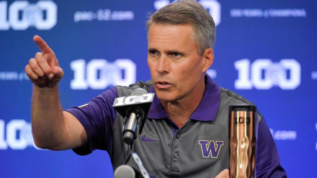 
Washington Huskies football coach Chris Petersen spoke at the Pac-12 media day Thursday in Burbank, Calif., about his team trying to find a starting quarterback. “We don't know (who is the starter). We really don't. I wish we did,” Petersen says.
