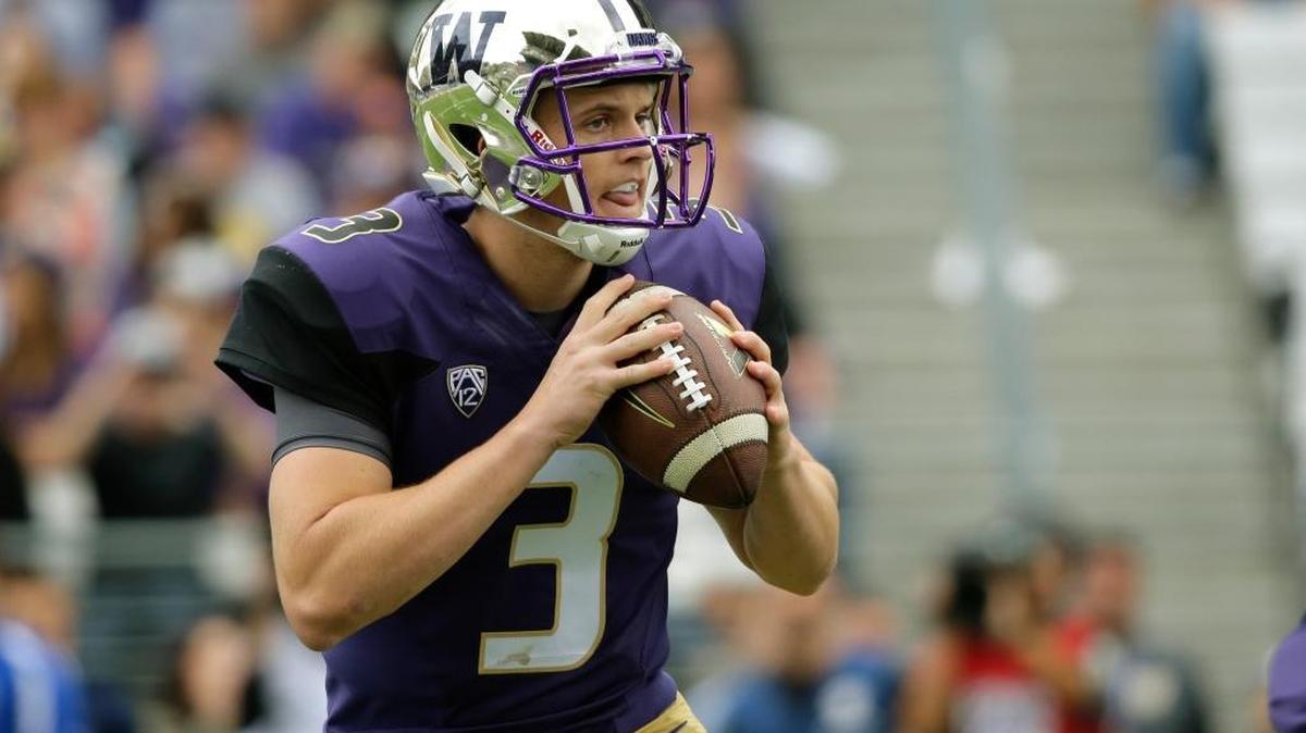 
Washington quarterback Jake Browning drops to pass against Utah State in the first half of an NCAA college football game, Saturday, Sept. 19, 2015, in Seattle.
