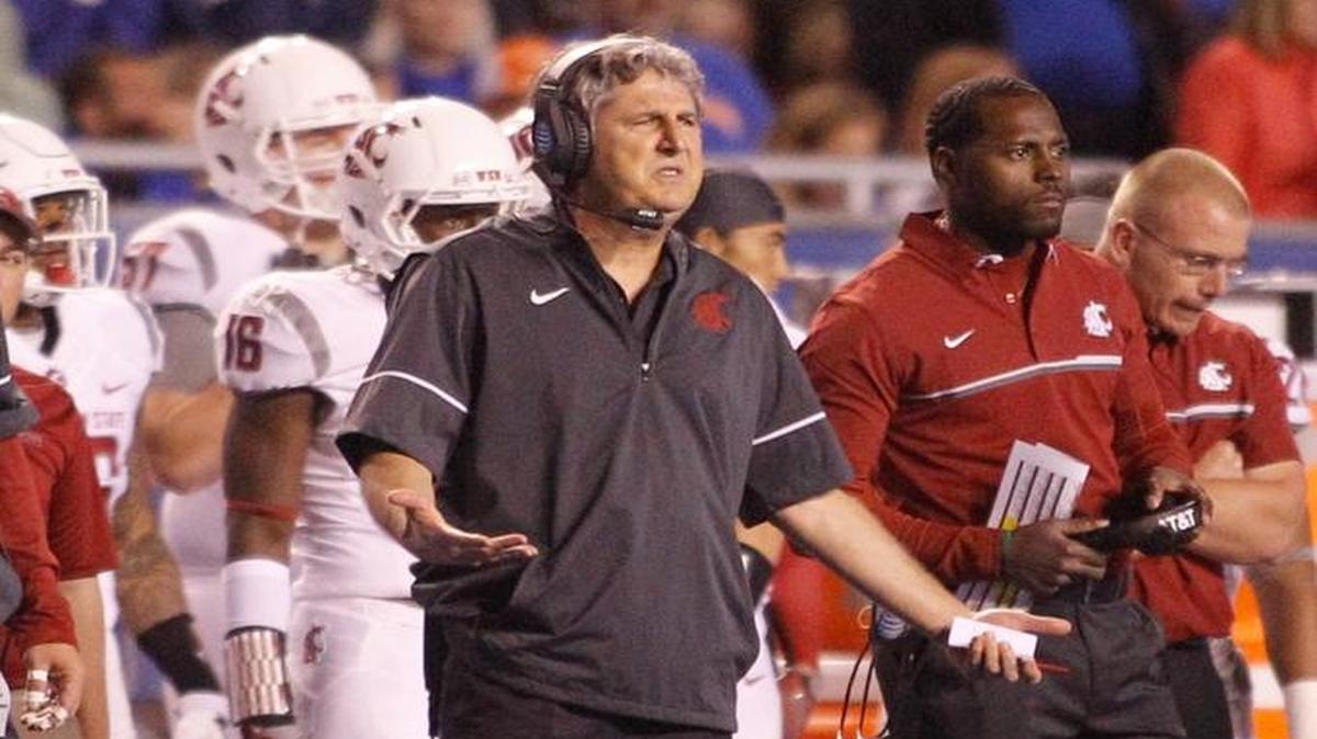 Washington State head coach Mike Leach reacts during the second half of an NCAA college football game against Boise State in Boise, Idaho, Saturday, Sept. 10, 2016. Boise State won 31-28.