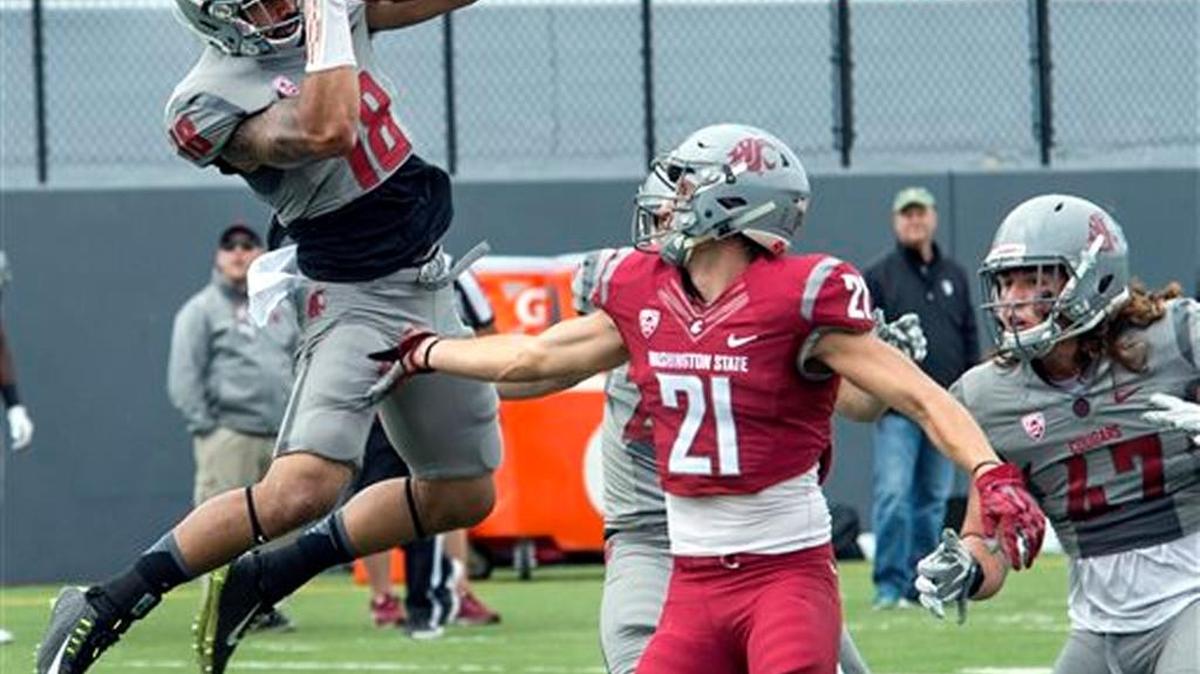 Washington State’s Shalom Luani, left, intercepts a pass over River Cracraft (21) during college football action of the Crimson & Gray Game, Saturday, April 23, 2016, in Spokane, Wash.