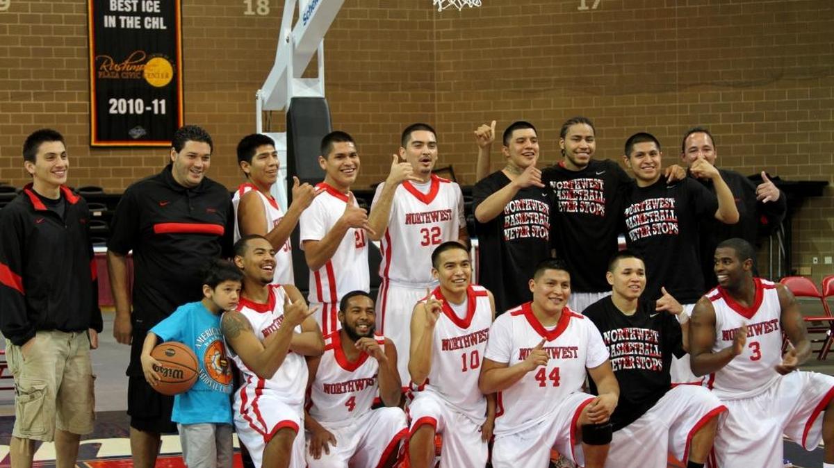 The Northwest Indian College men’s basketball team celebrates winning the American Indian Higher Education Consortium National Basketball Tournament title in 2012. NWIC will host this tournament for the first time in March.