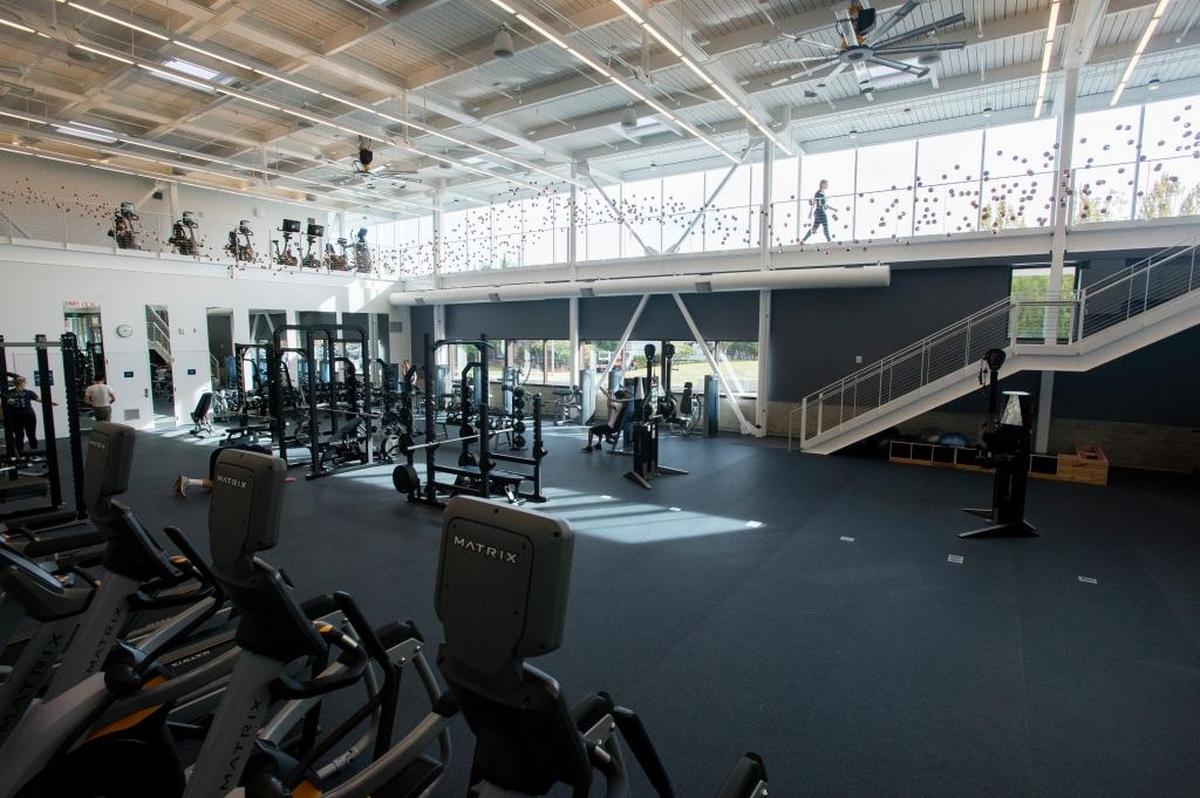 A student uses the indoor track on the second floor of the new WCC Pavilion and Student Recreation Center.