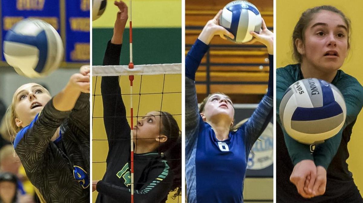 Fernale's Hailey Pelton, from left, Lynden's Ahi Broussard, Lynden Christian's Sofie Fransen and Sehome's Sehome's Lex McGowan lead their teams into the state volleyball tournaments this weekend.