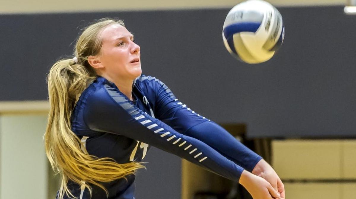 Squalicum outside hitter Emma Schroder returns a serve from Lynden Christian on Sept. 27. Schroder was selected to the All-Northwest Conference volleyball team and finished runner up for Outstanding Player of the Year honors.