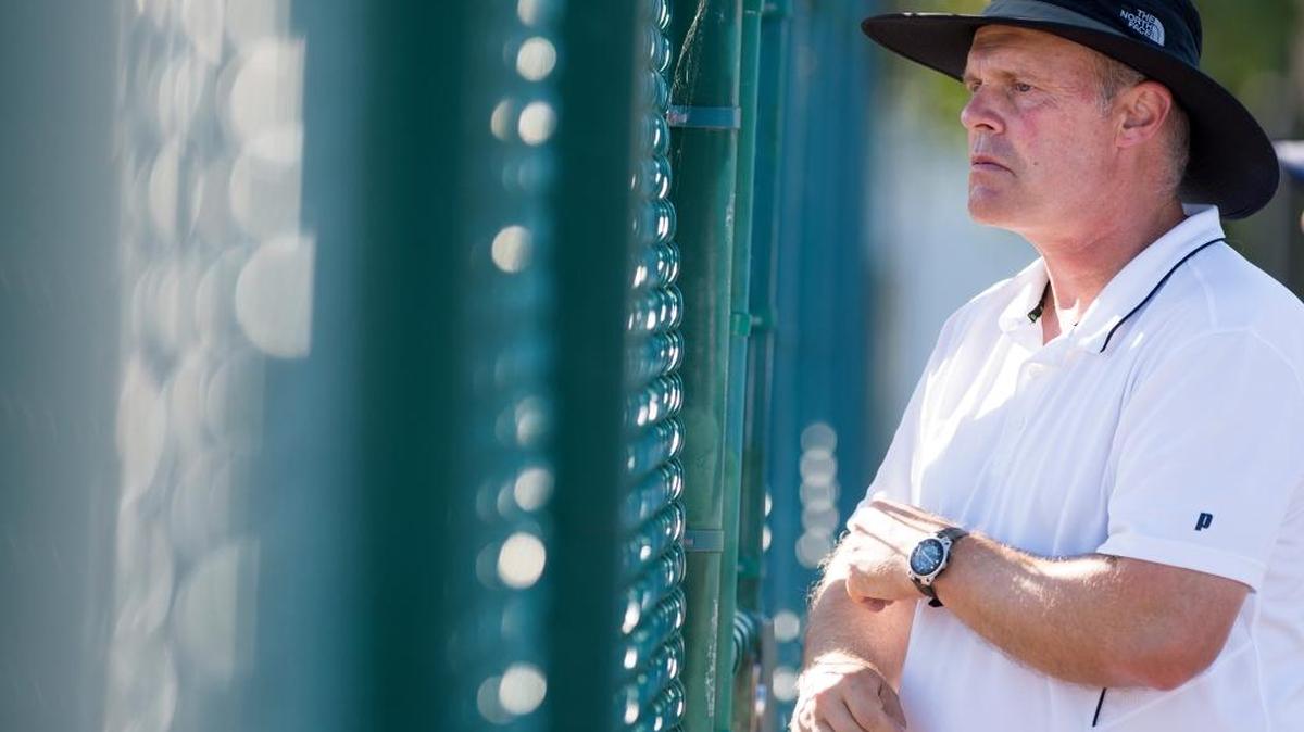 Bellingham tennis coach Steve Chronister watches his players take on Anacortes on Wednesday, Sept. 30, at Bellingham High School in Bellingham.