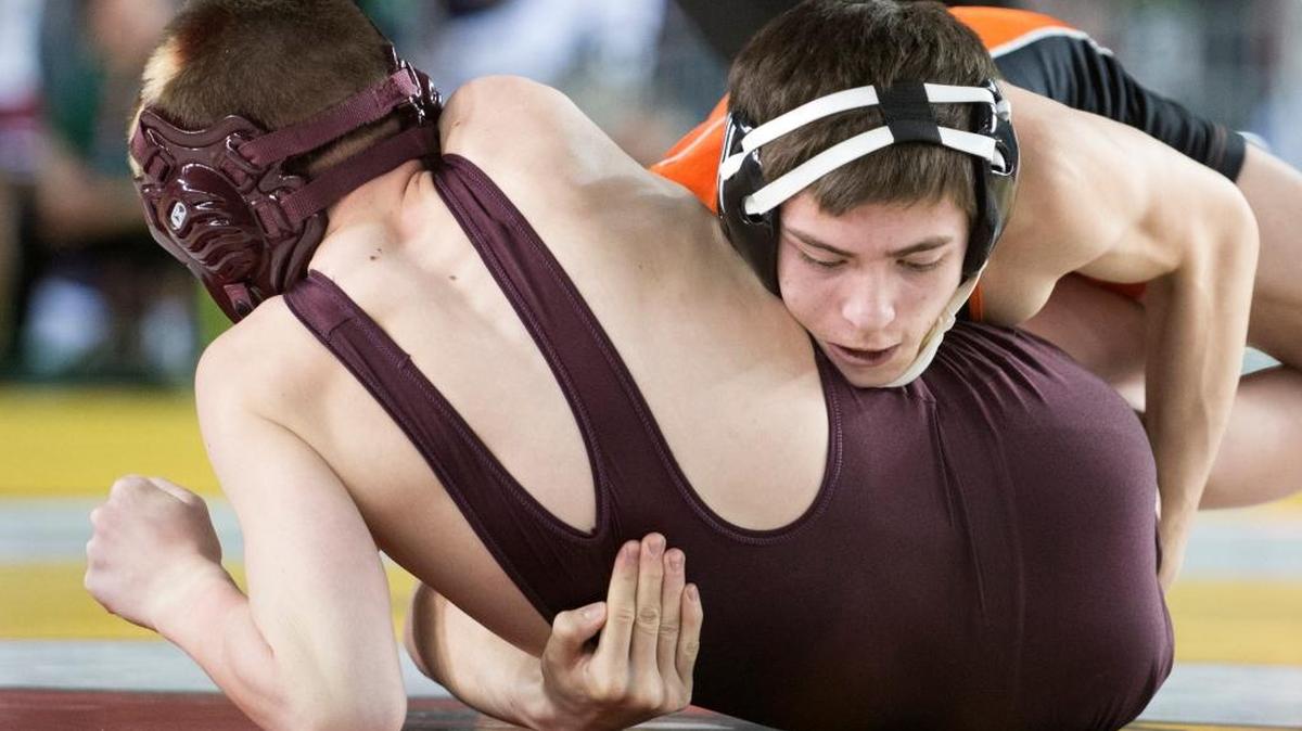 Blaine's Derreck Camba earns a takedown against White River’s Ryan Redford during the Mat Classic XXVII State Championship Wrestling Tournament on Friday, Feb. 20, at the Tacoma Dome.