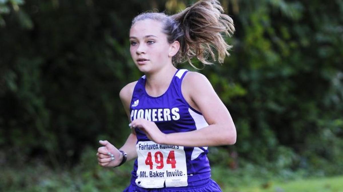 
Nooksack Valley's Amy Murphy leads the pack during the women's varsity race at the 40th annual Mt. Baker Cross Country Invitational Saturday, Sept. 27, 2014 at Silver lake Park in Maple Falls. 
