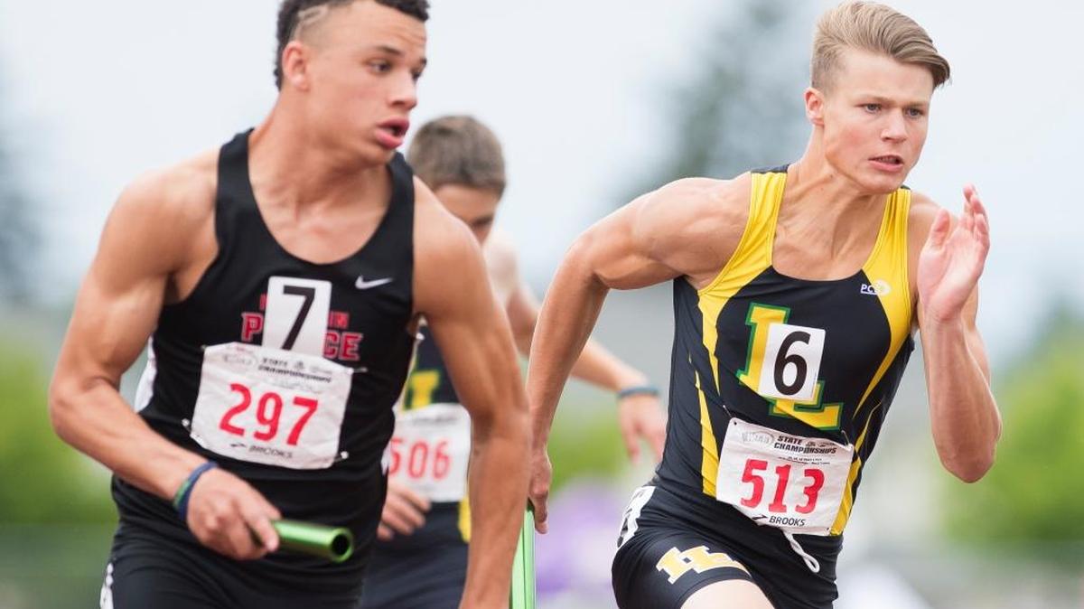 Lynden’s Brandon Swarthout runs in the 4x400 meter relay at the Class 2A Track and Field State Championships on Saturday, May 28, at Mount Tahoma High School in Tacoma.