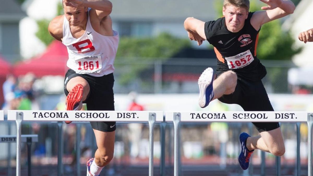 Bellingham's Ben Doucette, left, in this photo from last year, won the Class 2A state title in the 110-meter hurdles Friday, May 27, at Mount Tahoma High School.