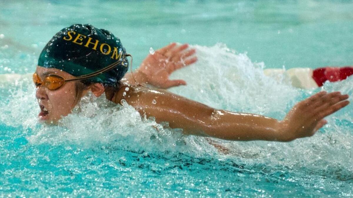 
Sehome's McKenna Sakamoto swims in a dual meet between Lynden and Sehome on Thursday, Oct. 1, at Arne Hanna Aquatic Center in Bellingham.
