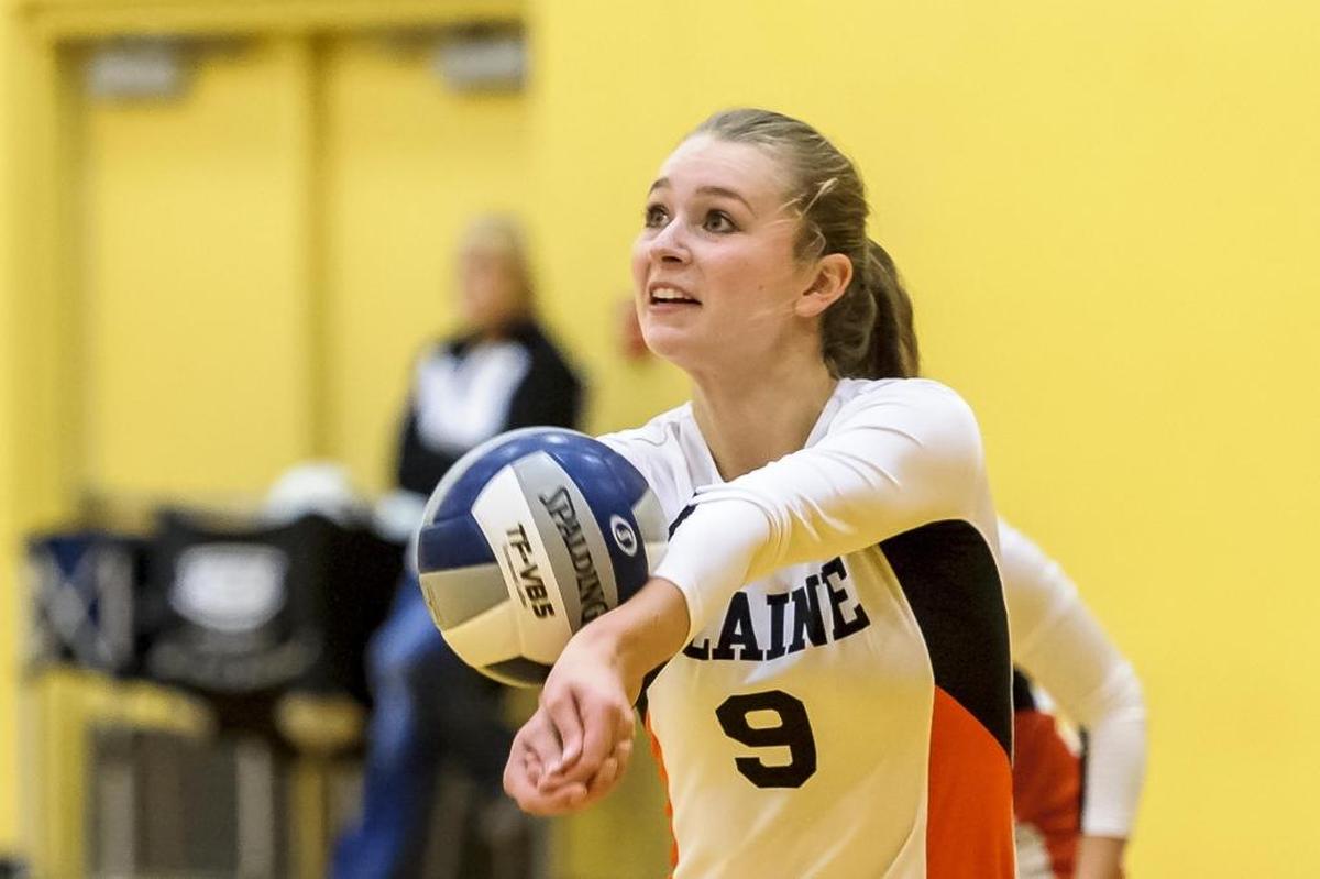 Blaine’s Josie Deming returns a serve from Lynden during their 2A district volleyball playoff Nov. 4. Deming has signed a national letter of intent to play volleyball for Central Washington University.