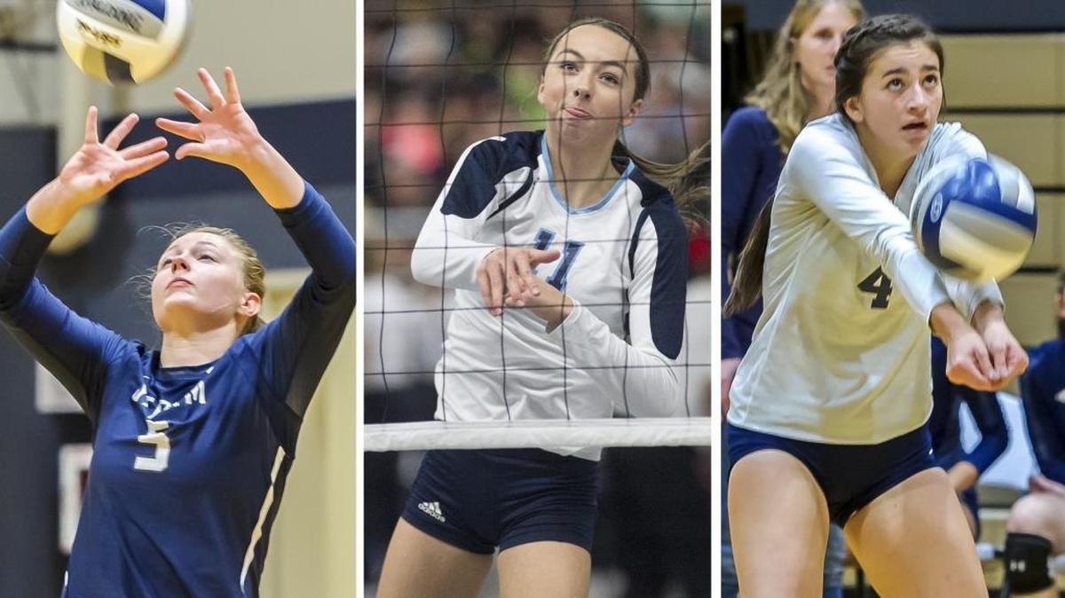 Lynden Christian senior outside hitter Avery Dykstra, left, junior outside/middle hitter Torina Hommes and junior libero Kelsie Otter have been selected first-team All-Class 1A State Tournament.