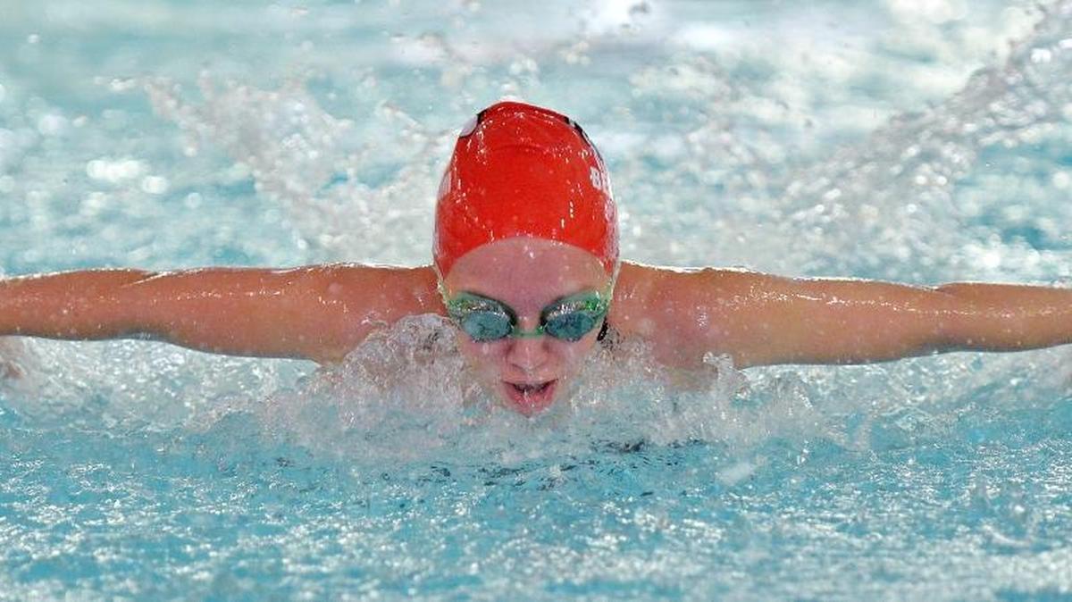 
Bellingham's Sydney Terrell swims in the 100 butterfly as Squalicum took on Bellingham in girls' swimming at Arne Hanna Aquatic Center on Tuesday, Sept. 17, 2013 in Bellingham.
