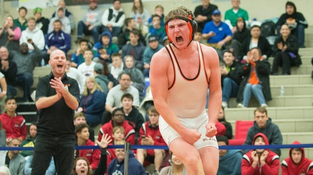 Blaine's Jacob Westfall reacts after defeating Ferndale's Alex Cleary 5-4 in the 182-pound championship match at the Battle at the Border wrestling tournament on Saturday, Dec. 9, in Blaine. Blaine took second place as a team.