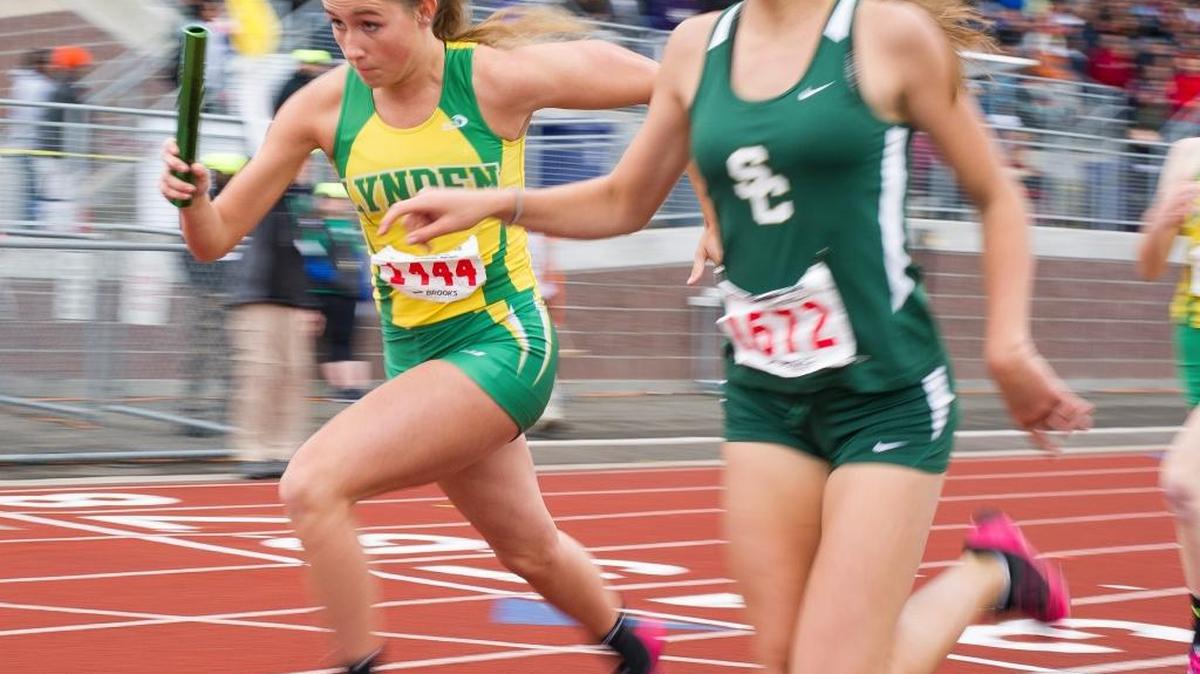 Lynden's Cassidee Barclay runs in the 4x200 meter relay at the Class 2A Track and Field State Championships on Saturday, May 28, at Mount Tahoma High School in Tacoma.