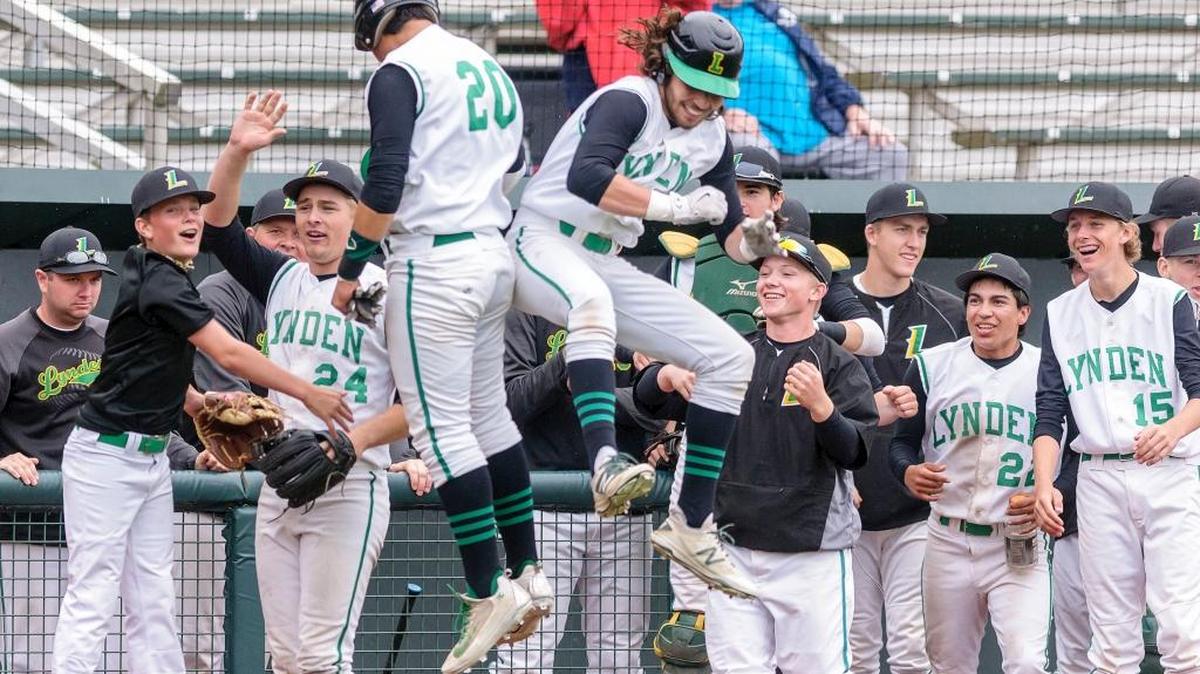 Lyden’s Anthony Garcia (20), Rylan Severson (11), and the rest of the bench celebrate multiple runs in the first inning against Centralia in the regional round of the Class 2A State Baseball Tournament on Saturday, May 21, at Joe Martin Field.