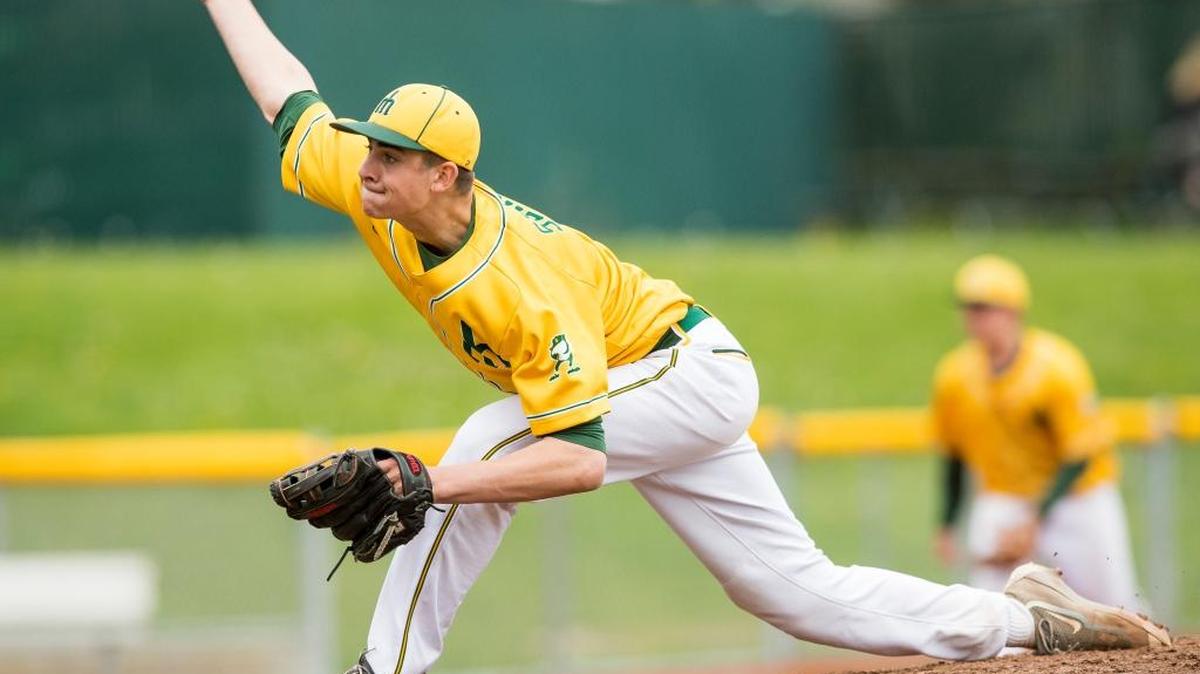 Sehome’s Evan Kingma pitches during a 3-0 complete game shutout against Bellingham in a Class 2A Bi-District Baseball Tournament play-in game on Tuesday, May 2, at Joe Martin Field in Bellingham.