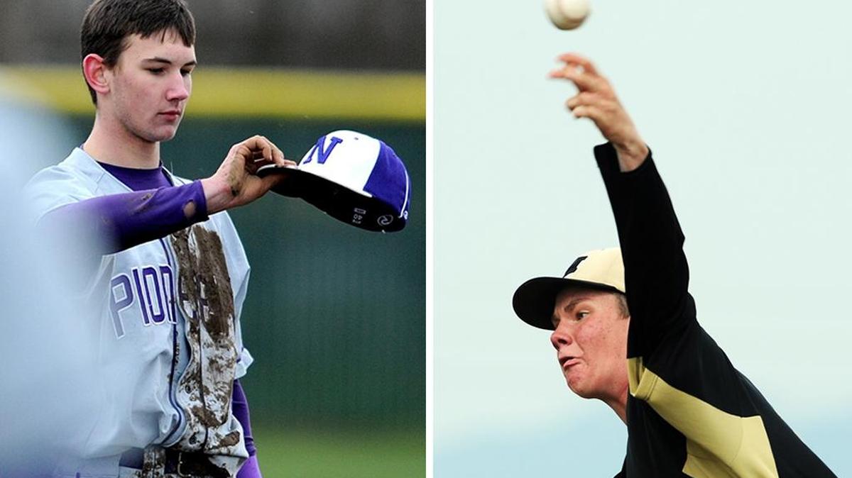 Nooksack Valley’s Noah Rawls, left, and Meridian’s Derek Campfield could play big roles in determining if their teams advance through the Castle Rock regional of the Class 1A State Baseball Tournament on Saturday, May 21.