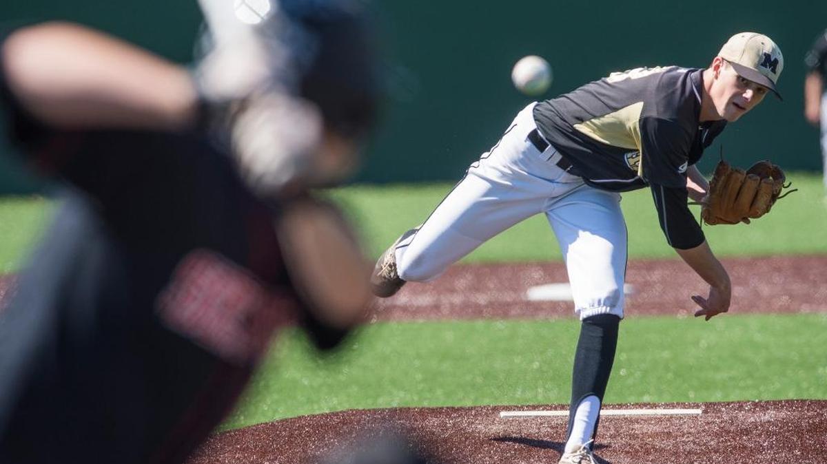 Meridian’s Simon Burkett pitches during a 6-4 loss to Seattle Christian in a 1A state regional playoff game on Saturday, May 20, at Volunteer Park in Anacortes.
