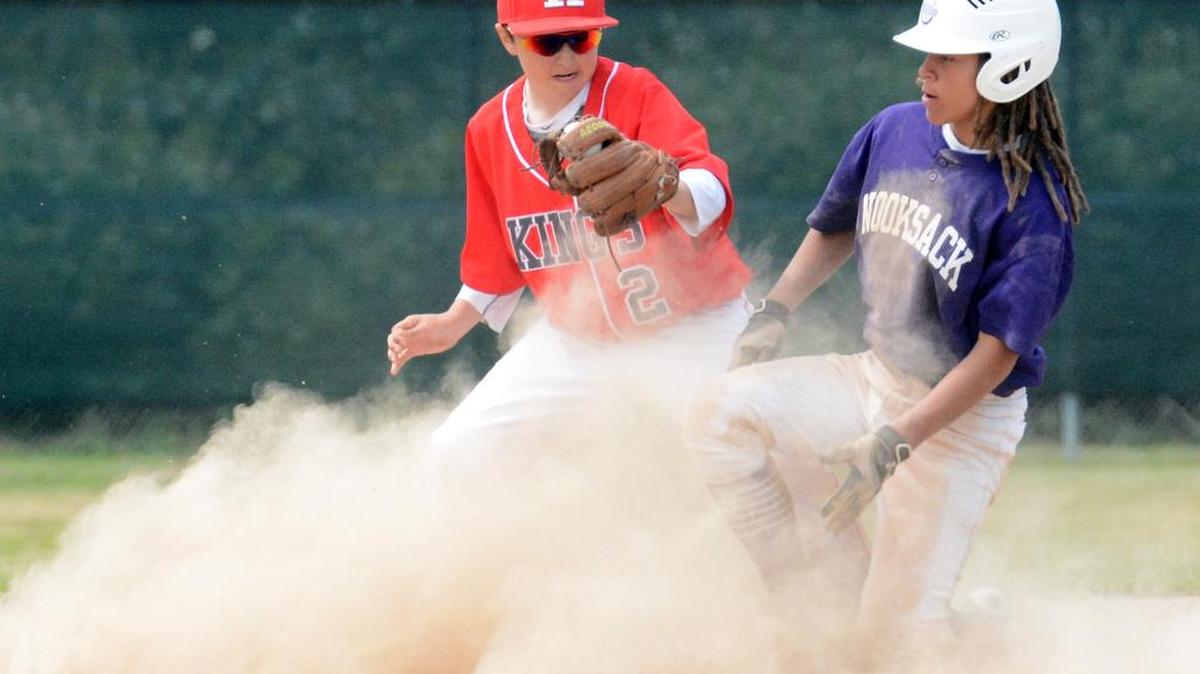 Nooksack Valley’s Evan Neitling steals second base during the third inning of a Class 1A Bi-District Tournament game against King’s on Saturday, May 14, at Sehome High School.