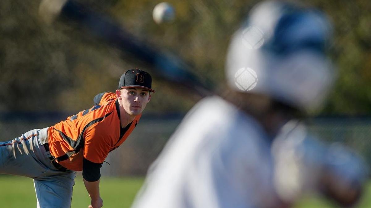 Blaine’s Brandon Watts pitches to Lynden Christian’s Colby Flint in the first inning. New to the team this year, Watts is 3-0 for the Borderites (6-0).