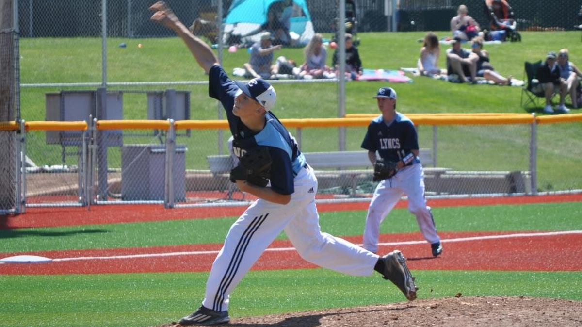 Lynden Christian pitcher Tyson Cline delivers a pitch during the 10th inning in a Class 1A Northwest District Tournament first round game against Cedar Park Christian on Saturday, May 7, at Joe Martin Field.