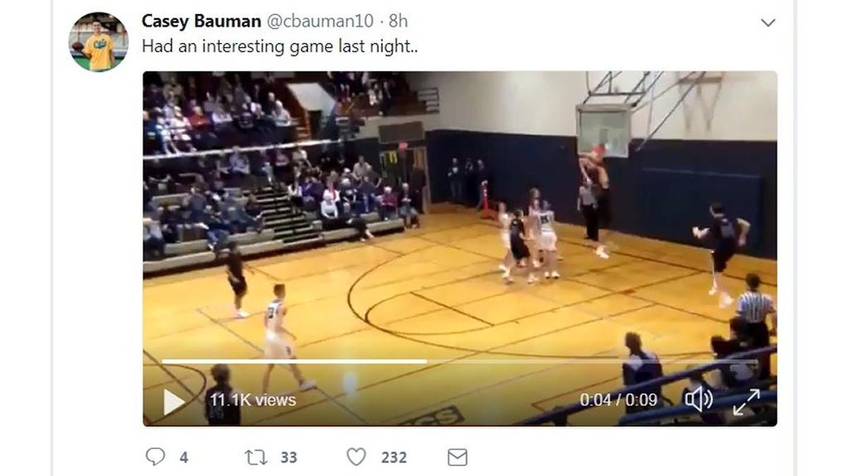 Casey Bauman tweeted Friday about breaking a backboard on a dunk during a Northwest Conference boys basketball game at Lynden Christian Thursday night.