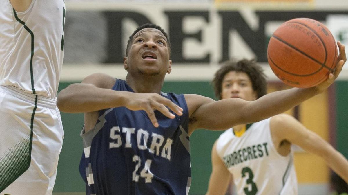 Squalicum’s Damek Mitchell drives toward the hoop against Shorecrest on Feb. 15 at Jackson High School. Mitchell has been selected the All-Whatcom County Boys Basketball Player of the Year.