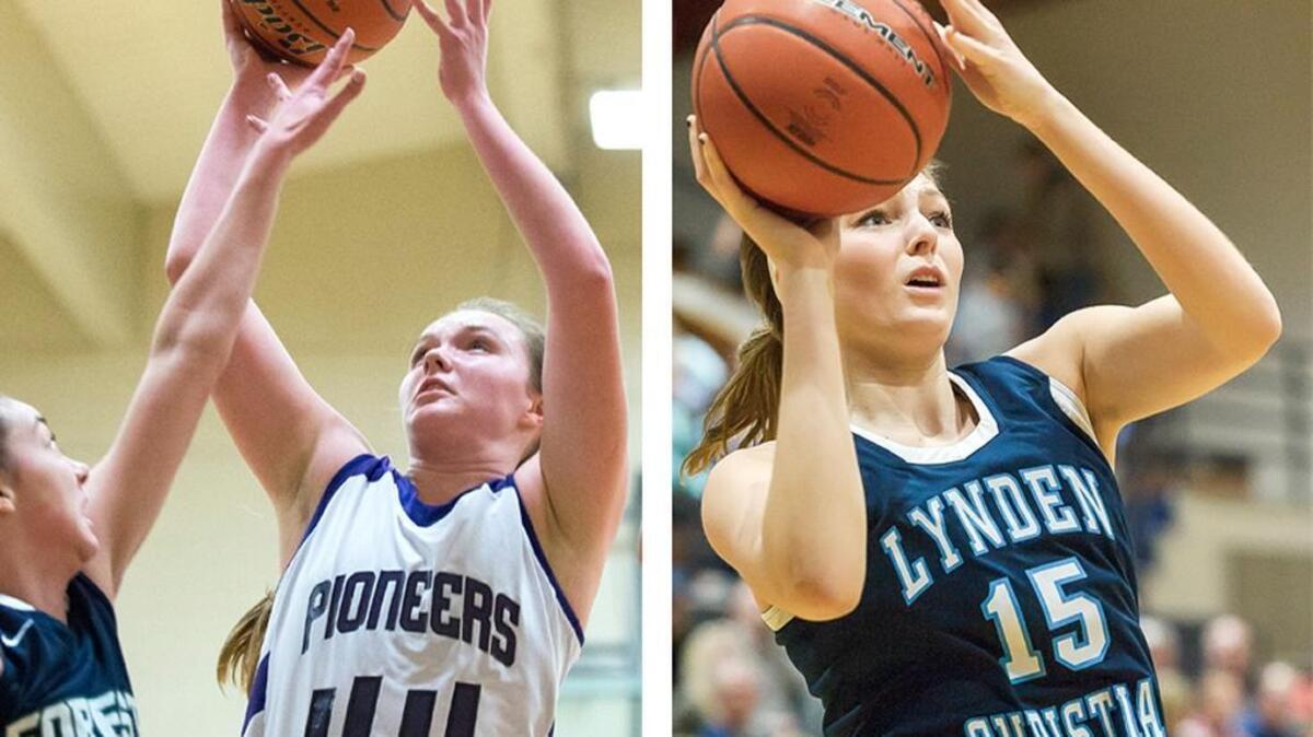 Nooksack Valley’s Briana Turner, left, and Lynden Christian’s Kara Bajema, right, lead their respective teams into the Class 1A state quarterfinals Thursday, March 3, at the Yakima Valley SunDome.