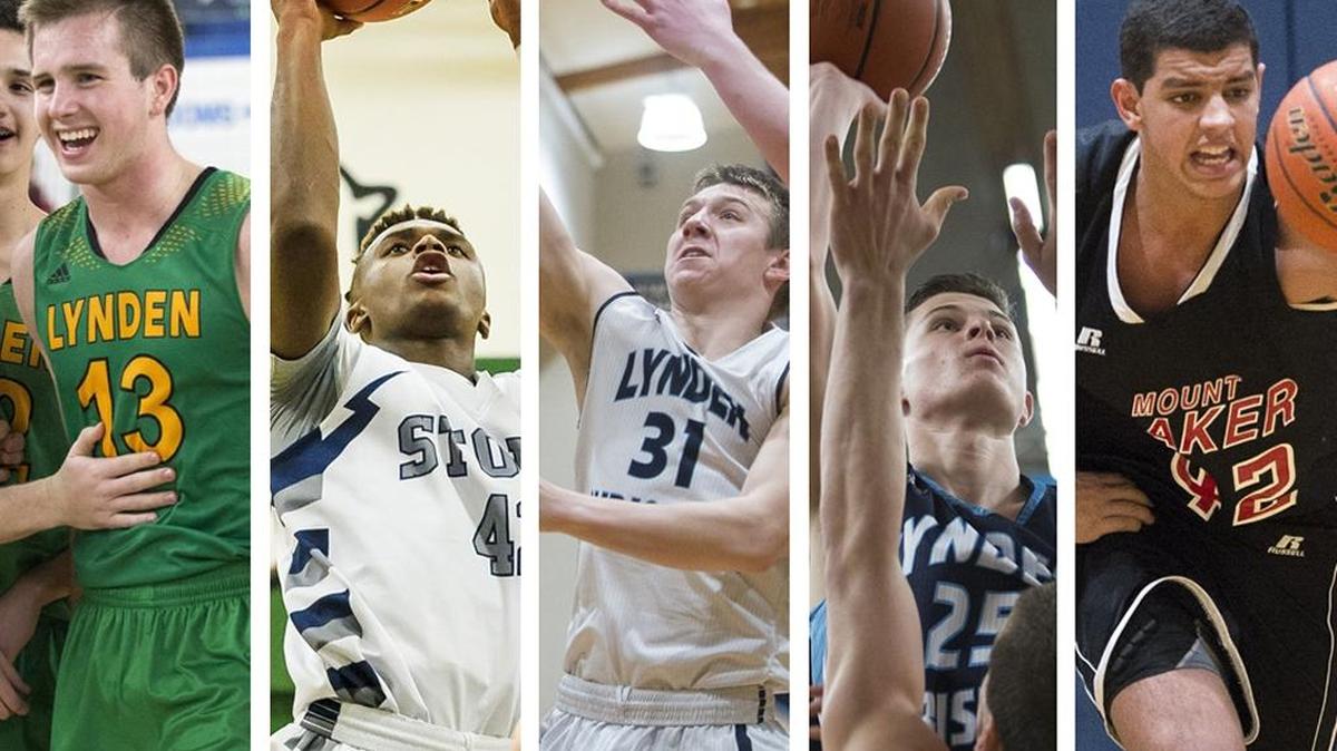 Lynden’s Sterling Somers, left, and Squalicum’s Josiah Westbrook were selected to play on the WIBCA Class 2A All-State team, while Lynden Christian’s Zach Roetcisoender, center, and Jake Poag and Mount Baker’s Timothy Soares were selected to the 1A All-State team. All five will play in the All-State Games Saturday, March 19, at Mountlake Terrace.