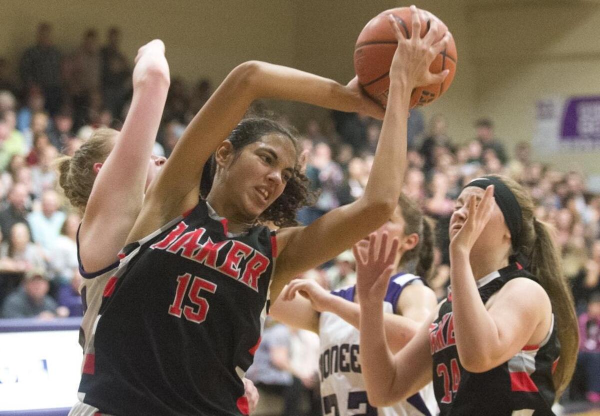 Mount Baker’s Stephanie Soares grabs a rebound during a 34-29 victory over Nooksack Valley on Friday, Jan. 20, at Nooksack Valley High School.