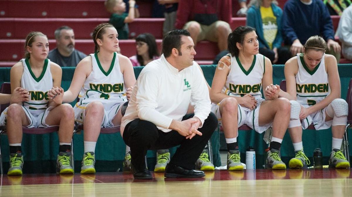 Lynden players and head coach Rob Adams wear grim faces as time winds down during the 2A girls’ state championship game against Shorecrest on Saturday, March 5, at the Yakima Valley SunDome. Lynden lost 49-43 and finished second overall.