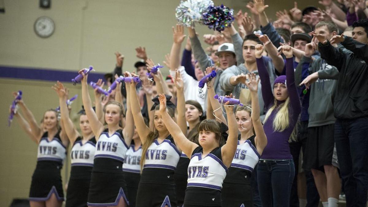 Noosack Valley cheerleaders and fans cheer on the girls’ basketball team during a 58-44 win over Forest Ridge on Wednesday, Feb. 17. Cheerleader Anna Nolden was injured during a routine on Saturday, Feb. 20, at Mountlake Terrace, but was checked out at a hospital and released that day.